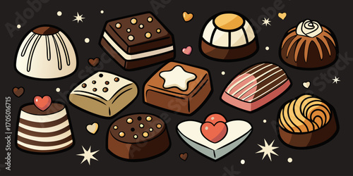 A visually rich and elegant assortment of gourmet chocolates arranged on a dark surface. The chocolates are of various shapes—hearts, stars, domes, and squares—and are decorated with intricate pattern