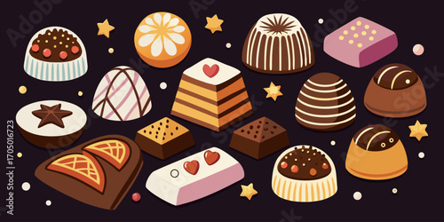 A visually rich and elegant assortment of gourmet chocolates arranged on a dark surface. The chocolates are of various shapes—hearts, stars, domes, and squares—and are decorated with intricate pattern