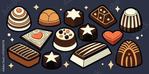 A visually rich and elegant assortment of gourmet chocolates arranged on a dark surface. The chocolates are of various shapes—hearts, stars, domes, and squares—and are decorated with intricate pattern