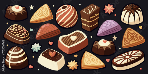 A visually rich and elegant assortment of gourmet chocolates arranged on a dark surface. The chocolates are of various shapes—hearts, stars, domes, and squares—and are decorated with intricate pattern