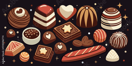A visually rich and elegant assortment of gourmet chocolates arranged on a dark surface. The chocolates are of various shapes—hearts, stars, domes, and squares—and are decorated with intricate pattern