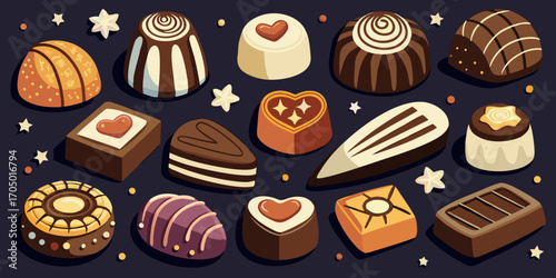 A visually rich and elegant assortment of gourmet chocolates arranged on a dark surface. The chocolates are of various shapes—hearts, stars, domes, and squares—and are decorated with intricate pattern