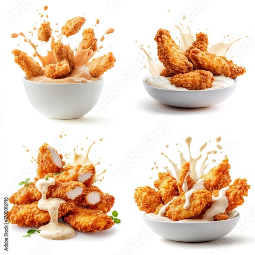 Chicken strips splashing, creamy mayonnaise, isolate on white background. Collection.