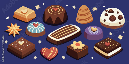 A visually rich and elegant assortment of gourmet chocolates arranged on a dark surface. The chocolates are of various shapes—hearts, stars, domes, and squares—and are decorated with intricate pattern