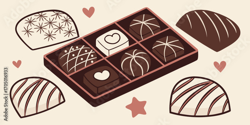 A visually rich and elegant assortment of gourmet chocolates arranged on a dark surface. The chocolates are of various shapes—hearts, stars, domes, and squares—and are decorated with intricate pattern