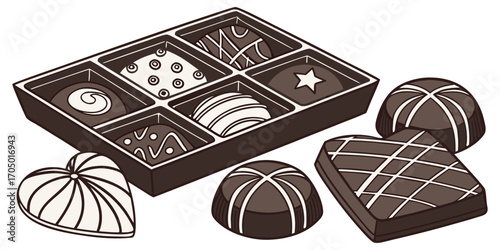 A visually rich and elegant assortment of gourmet chocolates arranged on a dark surface. The chocolates are of various shapes—hearts, stars, domes, and squares—and are decorated with intricate pattern