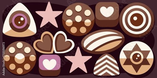 A visually rich and elegant assortment of gourmet chocolates arranged on a dark surface. The chocolates are of various shapes—hearts, stars, domes, and squares—and are decorated with intricate pattern