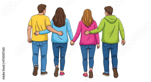 Group of young friends walking together with arms around each other from a back view showing friendship love and support.
