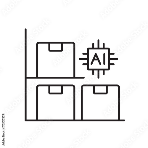 A vector icon of storage shelves with boxes marked AI, representing smart inventory and automated warehousing using artificial intelligence, created in line style with editable stroke
