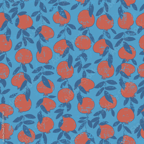 Seamless pattern. Pomegranate tree branches with fruit. Outlined vector illustration on light-colored background for surface design and other design projects Shana Tova