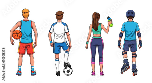 Set of people in sportswear for different sports from a back view showing various athletic activities and a healthy lifestyle.
