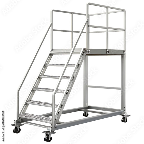 A silver industrial rolling staircase with a platform and handrails against a black background