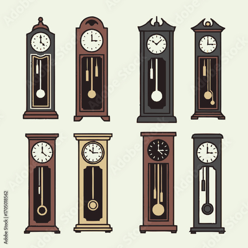 Collection of Eight Vintage Grandfather Clocks with Pendulums and Unique Designs.