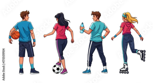 Set of people in sportswear doing different sports from a back view