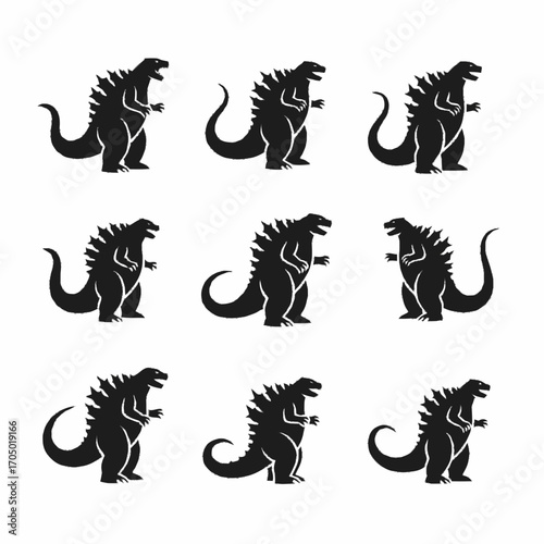 Godzilla Silhouette Pattern: Nine Black Kaiju Figures with Spiked Backs