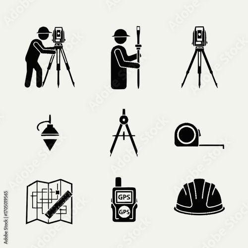Black and White Surveying and Construction Tools Pictogram Set
