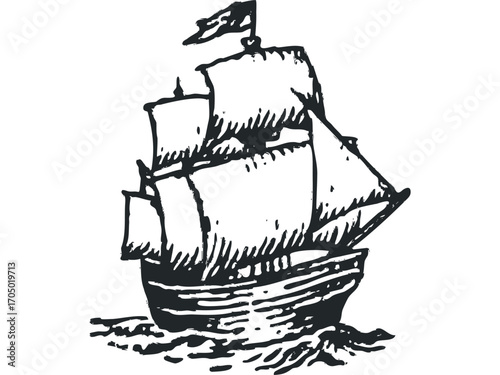 Ink drawing of a sailing ship with billowing sails moving through choppy water on a transparent background. Vector hand drawn illustration