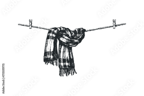 Plaid Scarf Hanging with Clothespins on a Rope. Vector hand drawn illustration