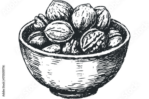 Bowl overflowing with whole and shelled walnuts, sketch on transparent background. Vector hand drawn illustration