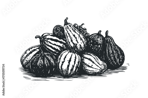 Monochromatic still life of assorted gourds and fruit on white. Vector hand drawn illustration