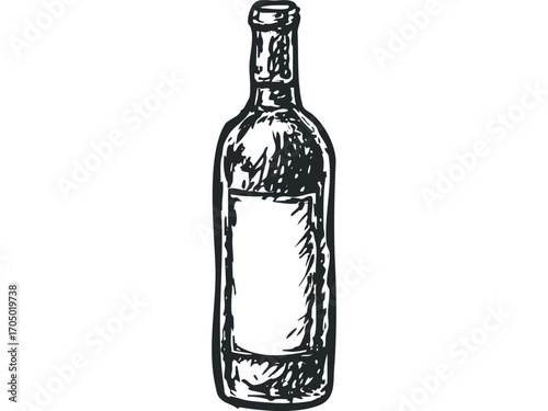 Sketch style wine bottle with blank label on transparent background. Vector hand drawn illustration
