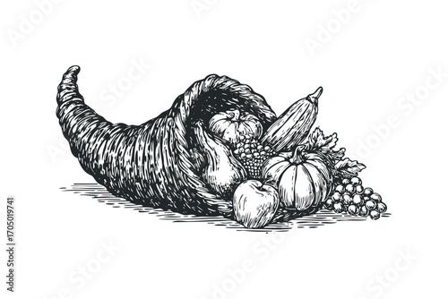 Cornucopia overflowing with harvest fruits and vegetables on a transparent background. Vector hand drawn illustration