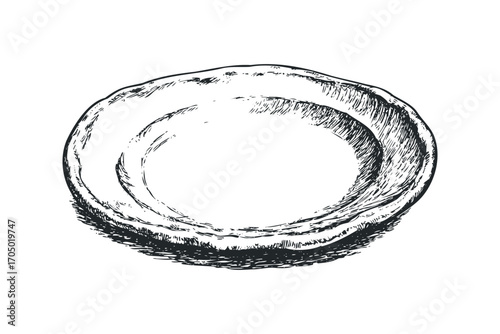Hand drawn sketch of round ceramic plate on transparent background. Vector hand drawn illustration