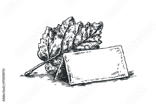 Pencil Sketch of a Textured Leaf and Tent Card on Transparent Background. Vector hand drawn illustration