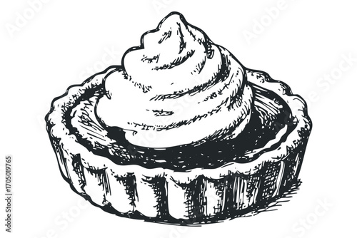 Hand Drawn Tart with Swirl of Cream. Vector hand drawn illustration