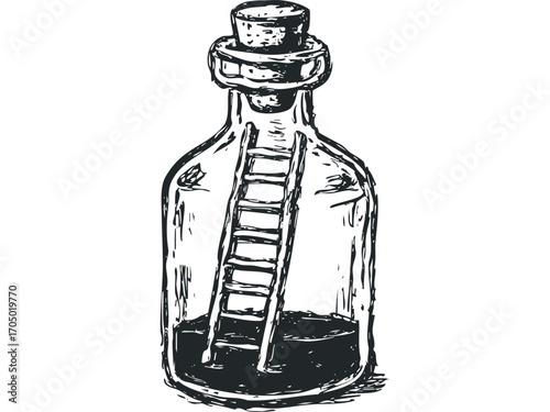 Ink sketch of glass bottle with cork and interior ladder. Vector hand drawn illustration