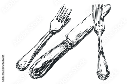 Sketch of two forks and one knife on a transparent background. Vector hand drawn illustration