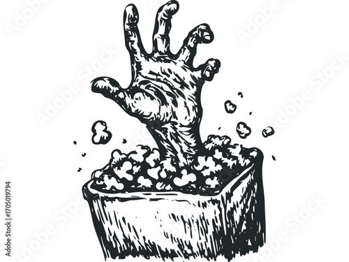 Hand emerging from popcorn container on transparent. Vector hand drawn illustration