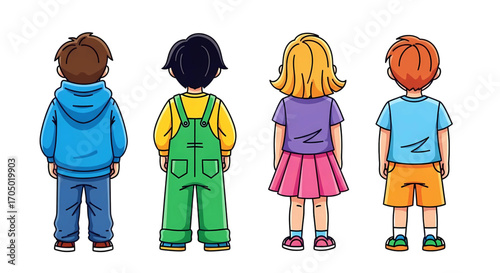 Group of cartoon children standing together from a back view isolated on Transparent background.