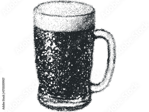 Halftone Mug of Dark Beer Transparent Background. Vector hand drawn illustration