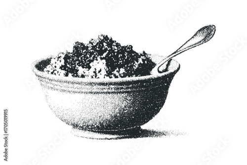 Bowl of coarse grains with spoon on transparent background. Vector hand drawn illustration
