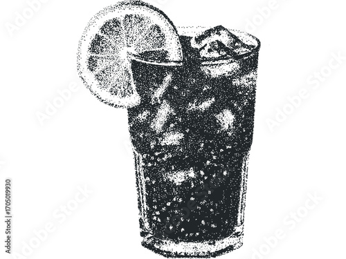 Stippled Dark Beverage with Ice and Lemon Slice. Vector hand drawn illustration