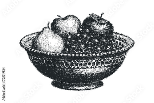 Stippled fruit bowl with apples and grapes on transparent. Vector hand drawn illustration