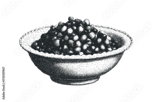 Stippled bowl filled with dark caviar image. Vector hand drawn illustration