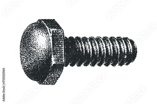 Single bolt with textured head and threaded shaft on white. Vector hand drawn illustration