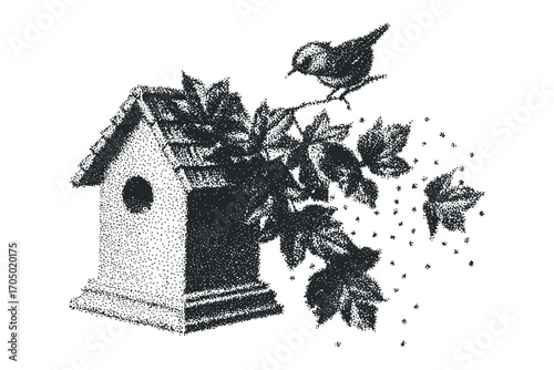 Bird on a branch near a birdhouse with falling leaves. Vector hand drawn illustration