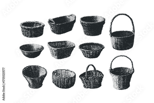 Collection of woven baskets in varied shapes and sizes. Vector hand drawn illustration