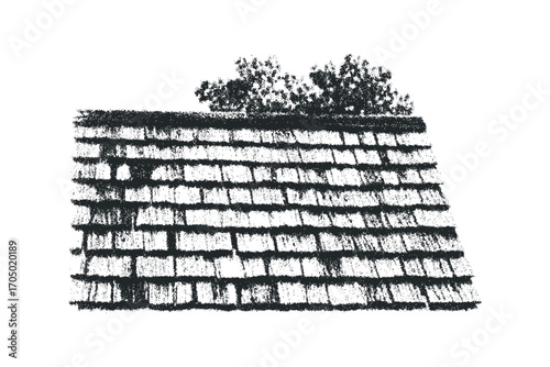 Textured roof shingles and treetops on a transparent background. Vector hand drawn illustration