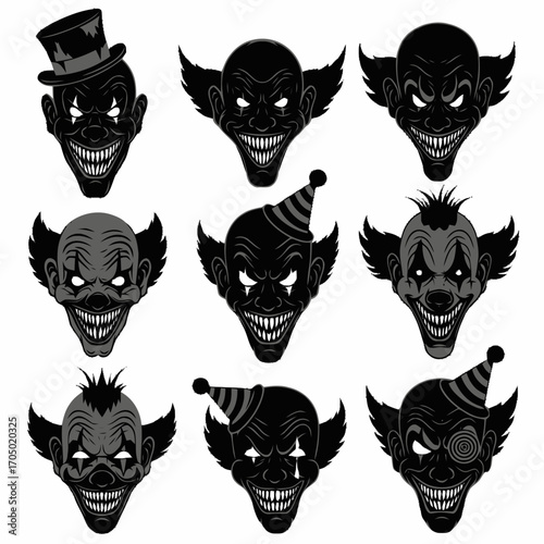 Collection of Creepy Clown Faces with Sharp Teeth and Varying Headwear