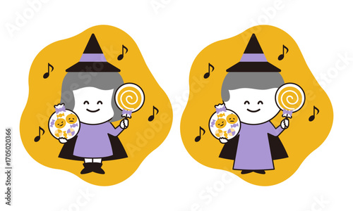ハロウィンでお菓子をもらって喜ぶ子供のイラスト(シンプルカラー)