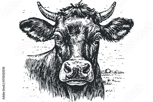 Pensive Cow Portrait Drawn on Transparent Background. Vector hand drawn illustration