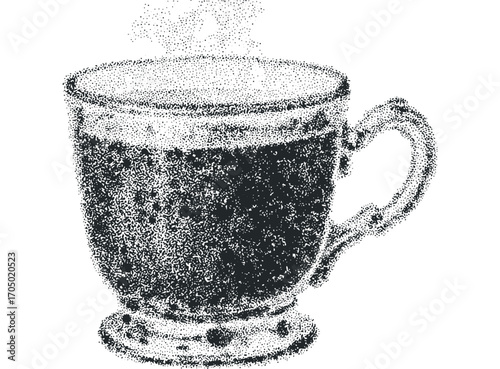Steaming beverage in ornate mug. Vector hand drawn illustration
