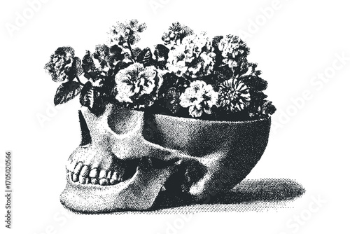 Skull holding bouquet of flowers with stippled texture. Vector hand drawn illustration