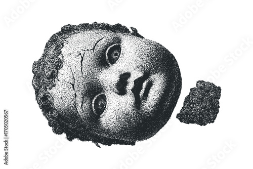 Cracked doll head with detached piece on transparent background. Vector hand drawn illustration