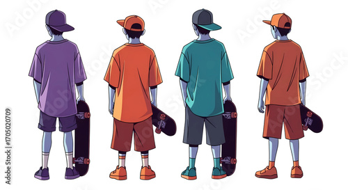 Set of skater boys in colorful clothes holding skateboards from a back view