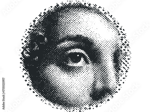 Close up of a person's face rendered in halftone dot style, isolated on white. Vector hand drawn illustration
